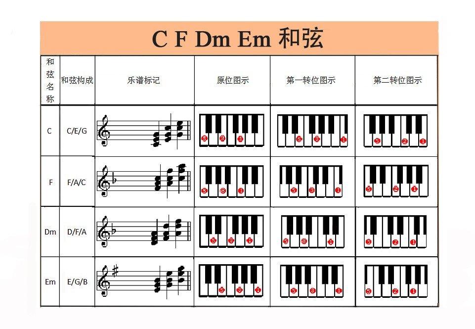 电子琴的和弦Dm Em F C 是那几个键？