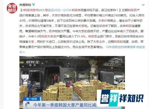 韩国大葱涨至43元一公斤 到底什么情况?