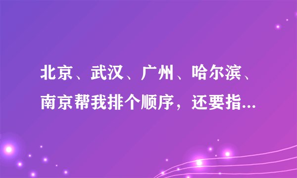 北京、武汉、广州、哈尔滨、南京帮我排个顺序，还要指出地理位置与气温变化关系。
