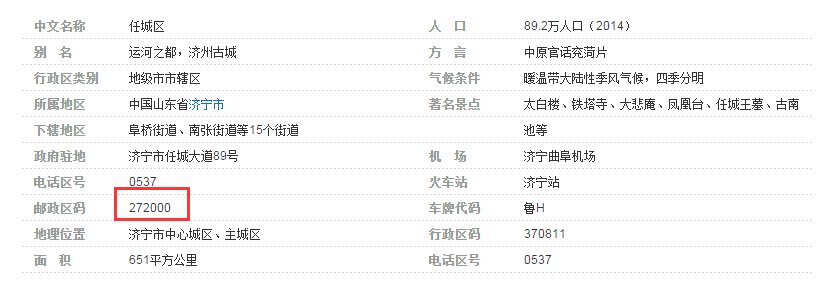 山东省济宁市任城区的邮政编码是多少